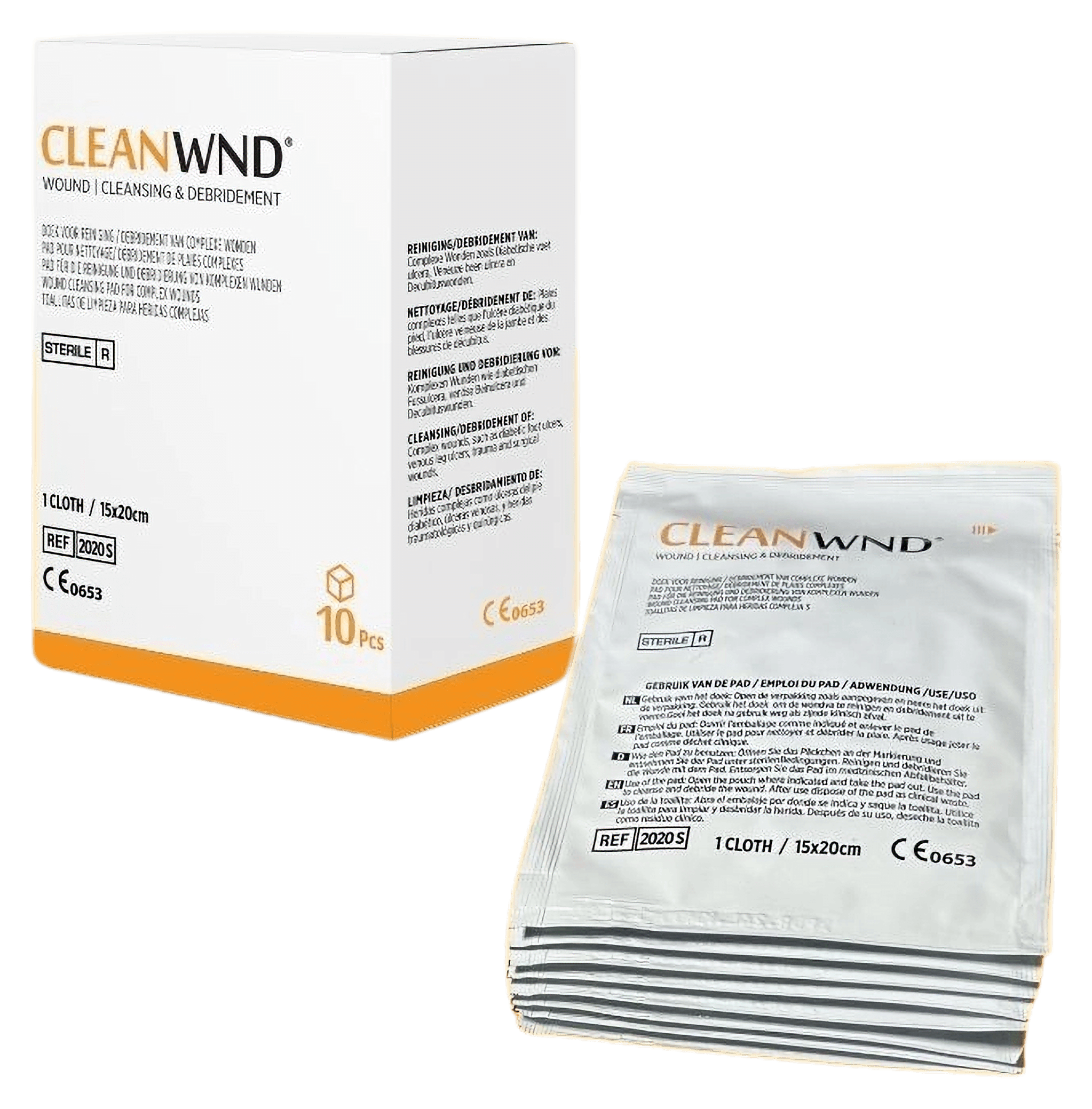 CleanWND® debridement cloth box with a stack of sachets