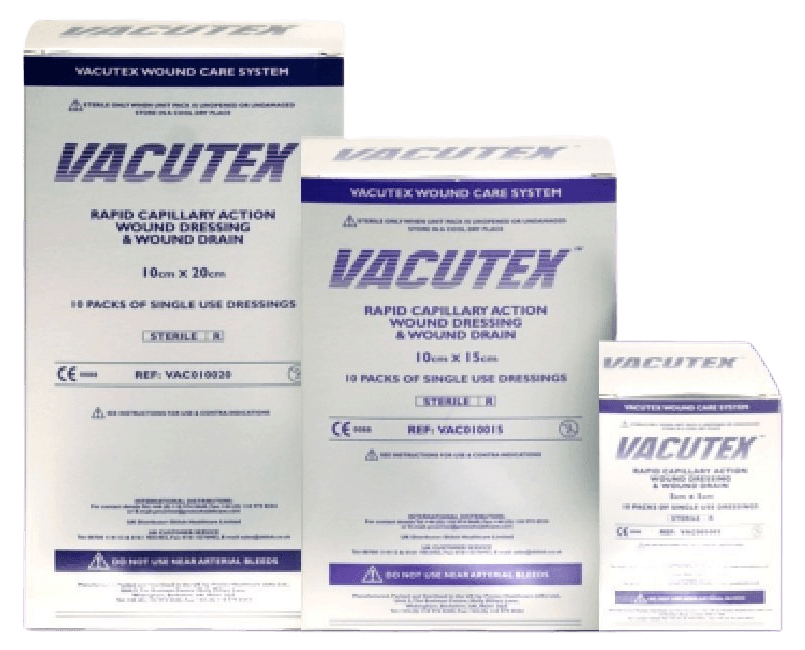Three VACUTEX™ wound dressing retail boxes
